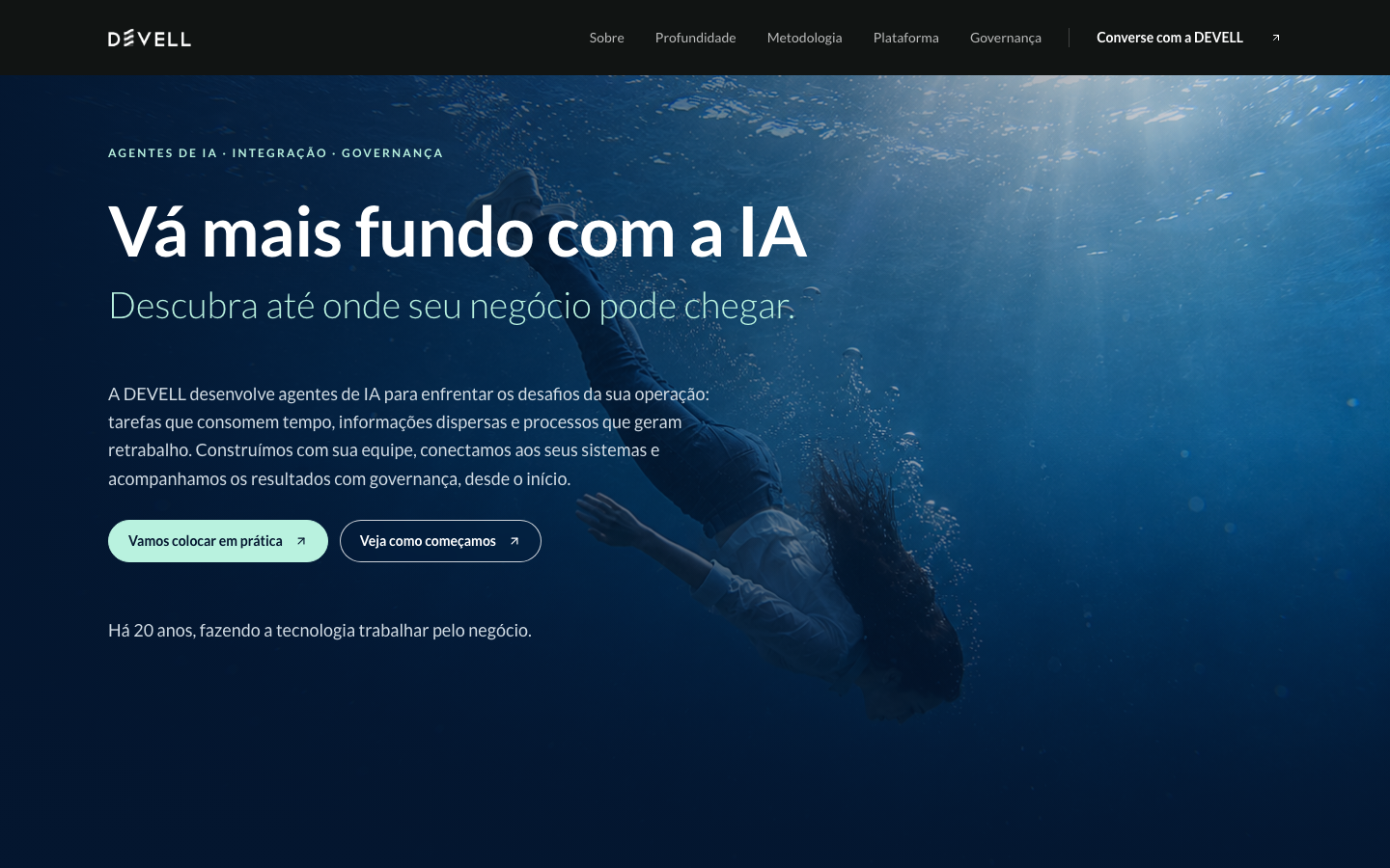 Site da Devell, empresa de desenvolvimento e integração de sistemas