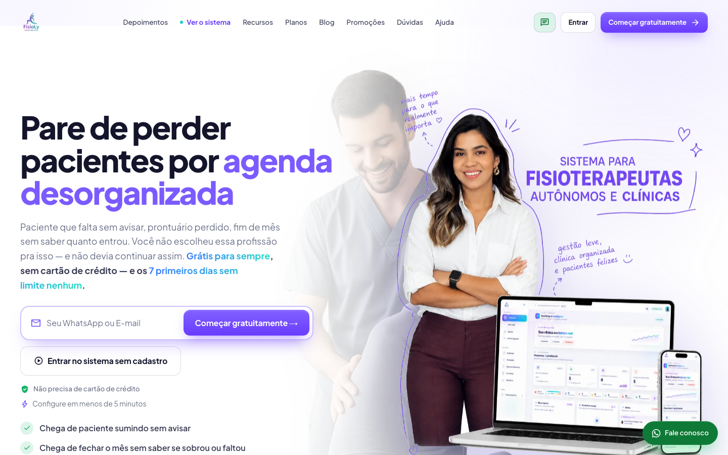 Página inicial do Fisioly, sistema de gestão para fisioterapeutas, com painel de agenda e financeiro