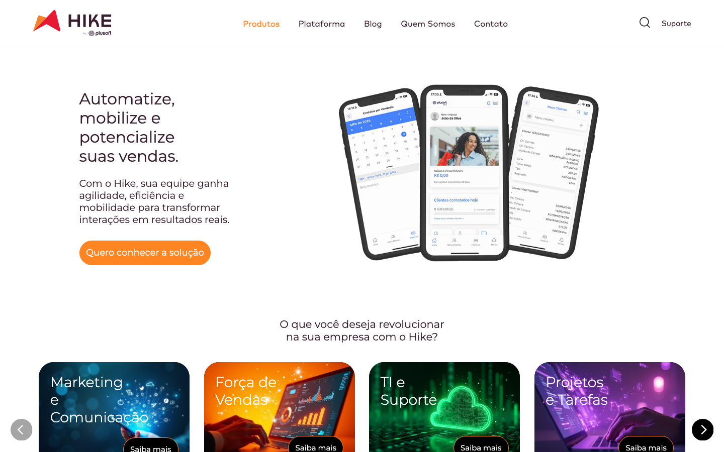 Site da Hike, plataforma da Plusoft para automação de vendas, marketing, TI e projetos