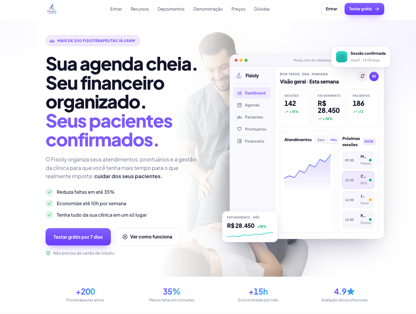 Screenshot da plataforma Fisioly, SaaS de gestão para fisioterapeutas criado e mantido por Thainan Prado